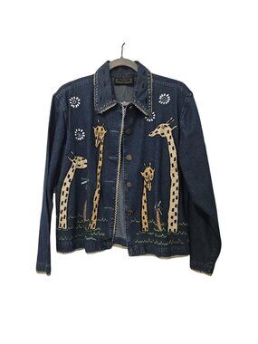 Lifestyle Petite Denim Grandmacore Jacket Blue Giraffe Embroidered Top Small PS